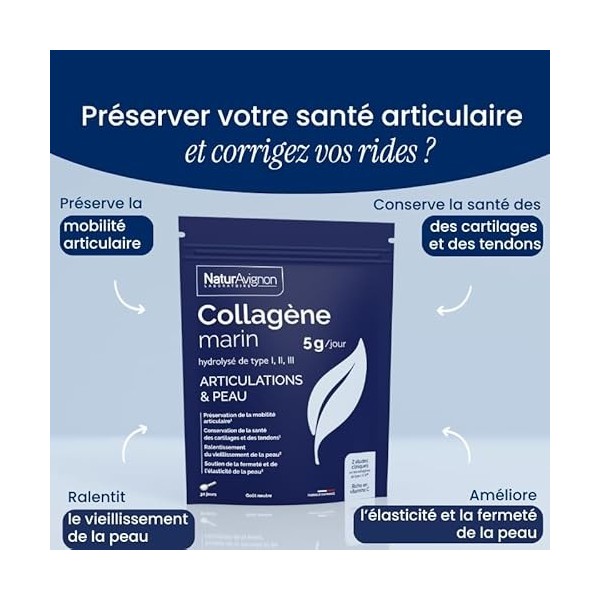 Collagene marin hydrolysé type 1, 2&3 | Articulations | Peau I Vitamine C I Collagene marin poudre 5g par portion | Goût neut