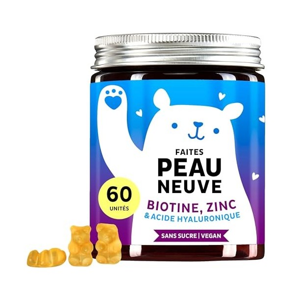 Faites Peau Neuve - Biotine, Zinc et Acide Hyaluronique - Peau hydratée - 60 pièces Sans sucre, Vegan - Bears with Benefits A...