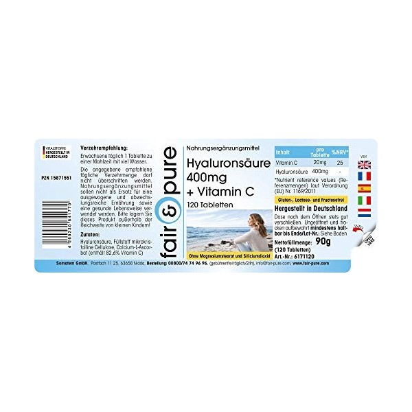 Fair & Pure® - Comprimés dacide hyaluronique 400mg avec vitamine C - dosage élevé - 120 comprimés