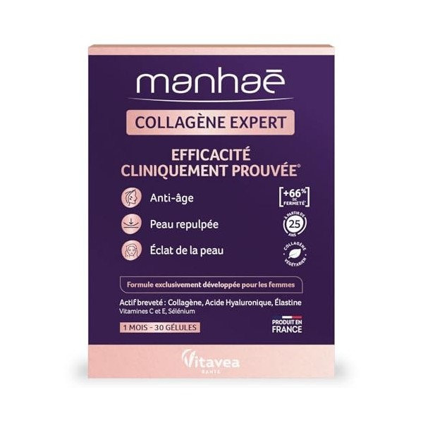 Vitavea - Manhaé Collagène Expert et Acide Hyaluronique - Complexe Breveté Anti-Âge, Anti-Rides, Efficacité Prouvée - Vitamin