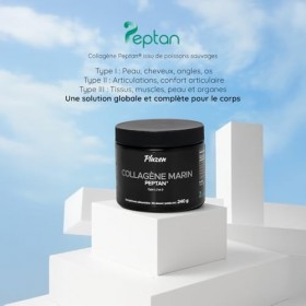 Collagène Marin poudre types 1,2 et 3 Collagène marin Peptan® F, acide hyaluronique, vitamines C, B3, A, B7 et sélénium. Hy