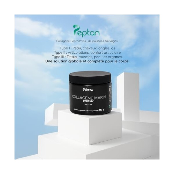 Collagène Marin poudre types 1,2 et 3 Collagène marin Peptan® F, acide hyaluronique, vitamines C, B3, A, B7 et sélénium. Hy