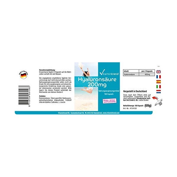 Acide hyaluronique 200mg - 180 gélules - végétalien - dosage élevé - conditionnement en vrac | Vitamintrend®