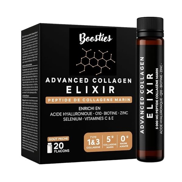 Booster collagene à boire – Collagene puissant 5000mg + Acide Hyaluronique, Q10, Vitamine C & E, Biotine, Zinc, Sélénium – Go