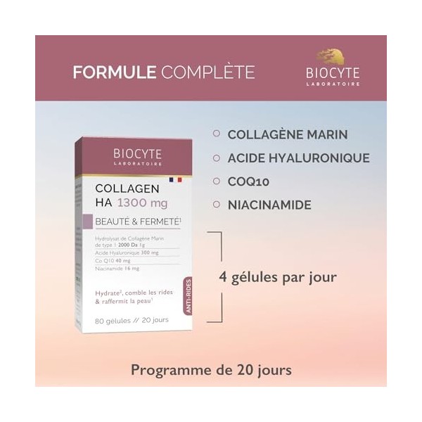 BIOCYTE Collagen HA 1300 mg - Hydrate, Comble les Rides, Raffermit la Peau, Action Anti-Âge - Complément Alimentaire Collagèn...