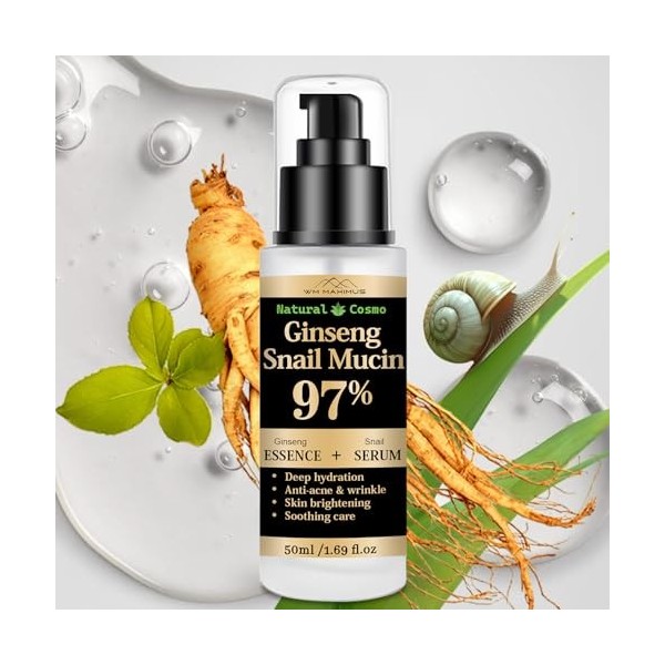 Ginseng Sérum et essence à la mucine descargot 97 % avec niacinamide et acide hyaluronique - Hydratation en profondeur, répa