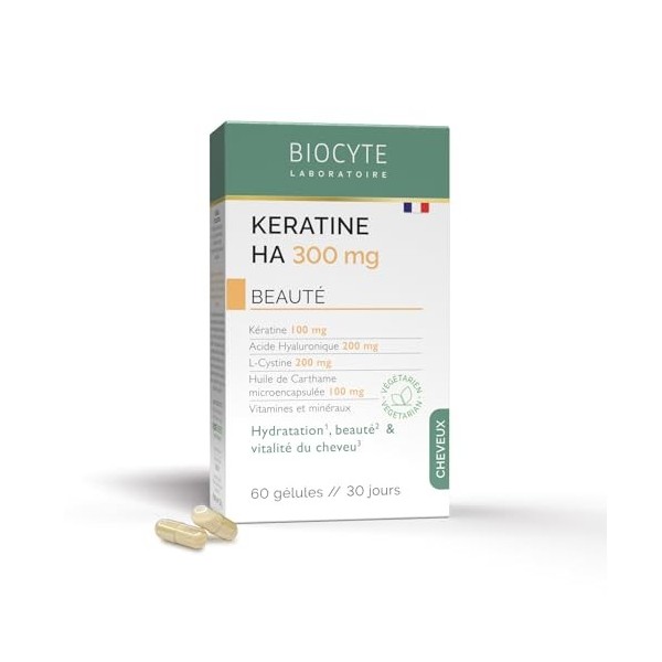 BIOCYTE Keratine HA 300 mg - Complément Alimentaire Hydratation et Vitalité Cheveux - A base de Keratine, Acide Hyaluronique,...