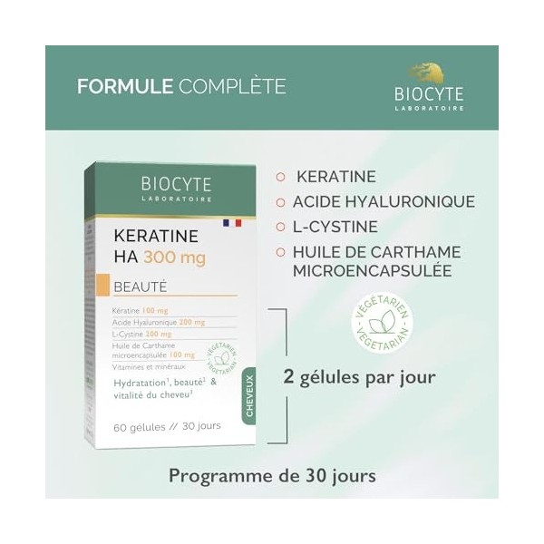 BIOCYTE Keratine HA 300 mg - Complément Alimentaire Hydratation et Vitalité Cheveux - A base de Keratine, Acide Hyaluronique,...