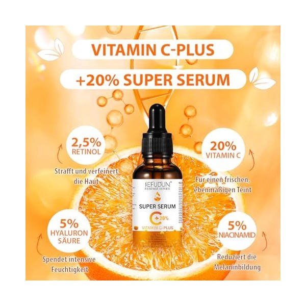 P-Beauty - Sérum pour le visage à la vitamine C Plus - Avec 20 % de vitamine C, rétinol, niacinamide et acide hyaluronique - ...
