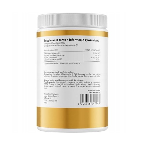 Collagene Marin + Acide Hyaluronique + Vitamine C + Coenzyme Q10 | Complément Alimentaire Poudre 369g – INSPORT