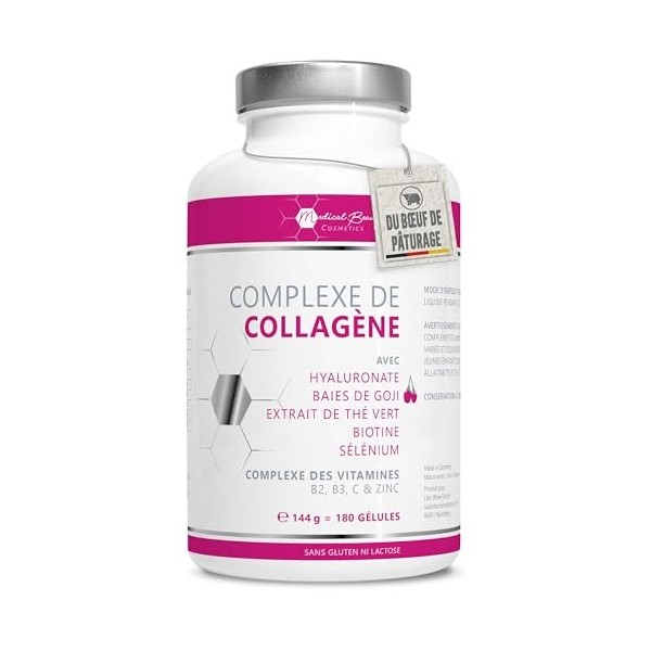 Gélules Premium de Collagène et dAcide Hyaluronique avec Superfood Goji et Thé Vert - 180 Capsules de Collagène de Bœuf de P