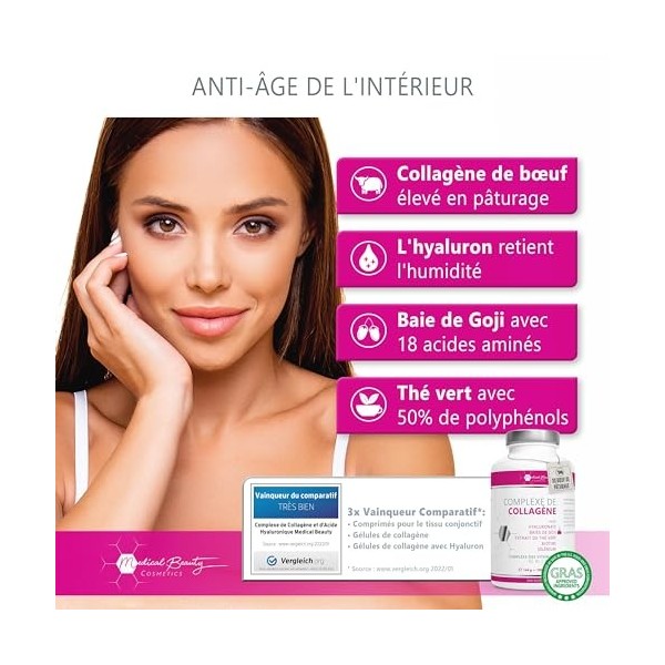 Gélules Premium de Collagène et dAcide Hyaluronique avec Superfood Goji et Thé Vert - 180 Capsules de Collagène de Bœuf de P