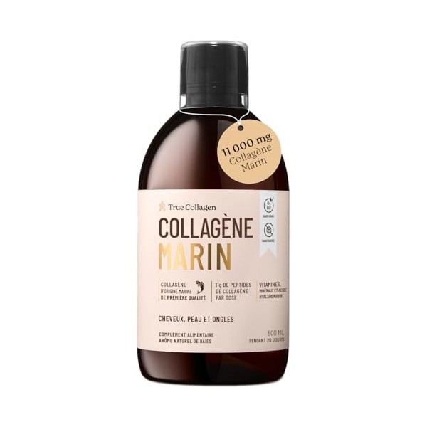 True Collagen Marine | Complément liquide de collagène hydrolysé 11 000 mg - 500 ml, 20 jours dapprovisionnement | Acide hya ...