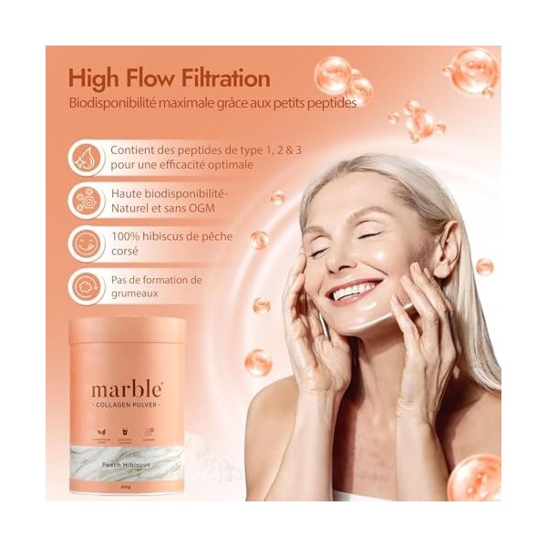 marble® Collagène Poudre 450 g – Collagène Bovin Peptides Skin Glow – Testez pendant 60 jours sans risque – Complexe dAcides