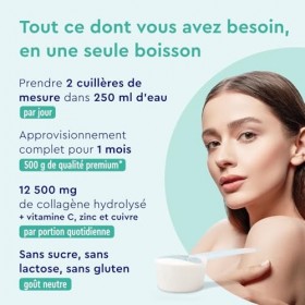 Poudre de Collagène 500g Sans Saveur, Avec Ingrédients Premium Brevetés, 12500mg de Collagène Hydrolysé Type I, Enrichi en Vi