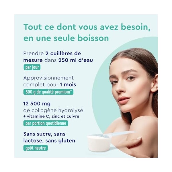 Poudre de Collagène 500g Sans Saveur, Avec Ingrédients Premium Brevetés, 12500mg de Collagène Hydrolysé Type I, Enrichi en Vi