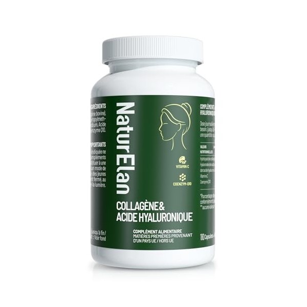 Collagène et Acide Hyaluronique - 180 Gélules Premium, 2000 mg de peptides de collagène hydrolysé Types I & III avec 400 mg