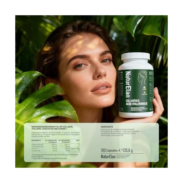 Collagène et Acide Hyaluronique - 180 Gélules Premium, 2000 mg de peptides de collagène hydrolysé Types I & III avec 400 mg