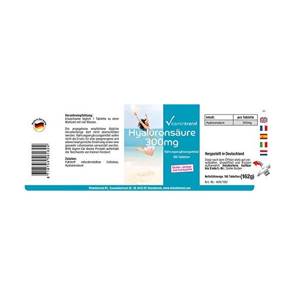 Acide hyaluronique 300mg - vegan - 180 Comprimés - haute dose | Vitamintrend®