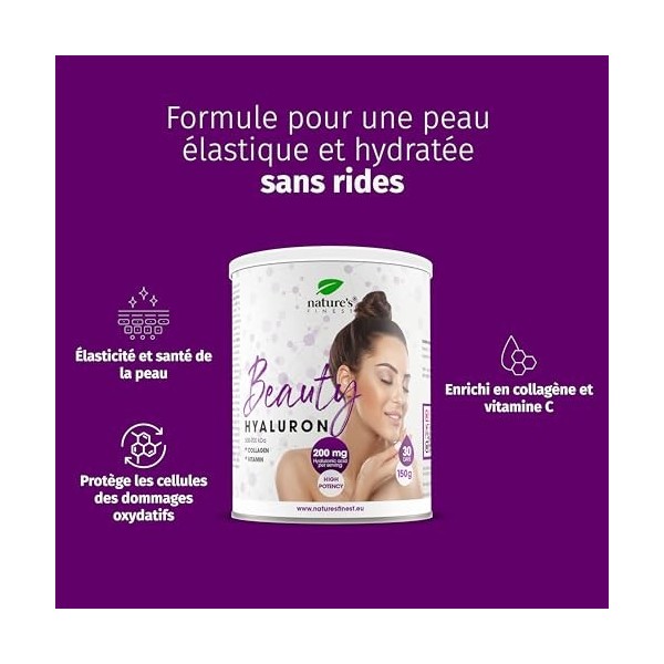 Natures Finest by Nutrisslim Beauty Hyaluron Avec Collagène Poudre, Acide Hyaluronique 200 Mg par Portion, Pour Une Peau Hyd ...