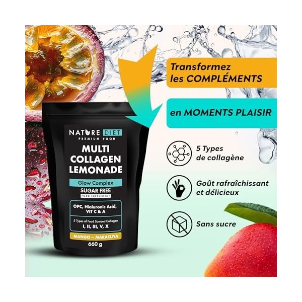 Nature Diet Multi Collagène Limonade | Mangue - Fruit de la Passion | 5 Types de Collagène | 660g | Cure de 60 Jours | Sans S...