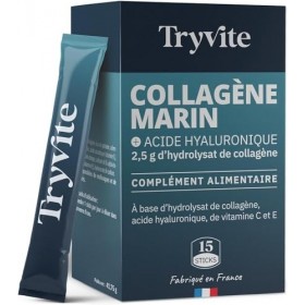 TRYVITE Collagène Marin et Acide Hyaluronique – Vitamine C & E, Peau Hydratée & Élastique | Haute Absorption 15 sticks 