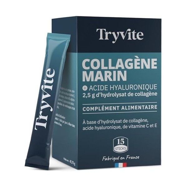 TRYVITE Collagène Marin et Acide Hyaluronique – Vitamine C & E, Peau Hydratée & Élastique | Haute Absorption 15 sticks 