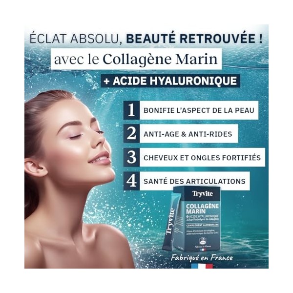 TRYVITE Collagène Marin et Acide Hyaluronique – Vitamine C & E, Peau Hydratée & Élastique | Haute Absorption 15 sticks 