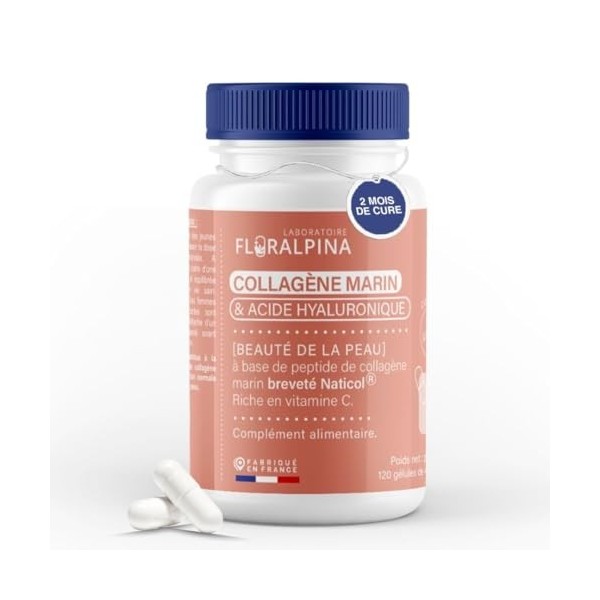 Collagène Marin + Acide Hyaluronique + Vitamine C, Peau Hydratée et Articulations Fortes, 120 Gélules Cure de 2 mois, Collage