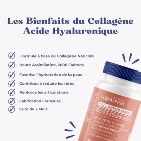 Collagène Marin + Acide Hyaluronique + Vitamine C, Peau Hydratée et Articulations Fortes, 120 Gélules Cure de 2 mois, Collage