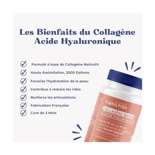 Collagène Marin + Acide Hyaluronique + Vitamine C, Peau Hydratée et Articulations Fortes, 120 Gélules Cure de 2 mois, Collage