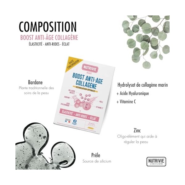 Ampoules Collagène Marin + Acide Hyaluronique + Vitamine C - Collagène Hydrolysé Type 1 Naticol - Elasticité, Anti-rides et É