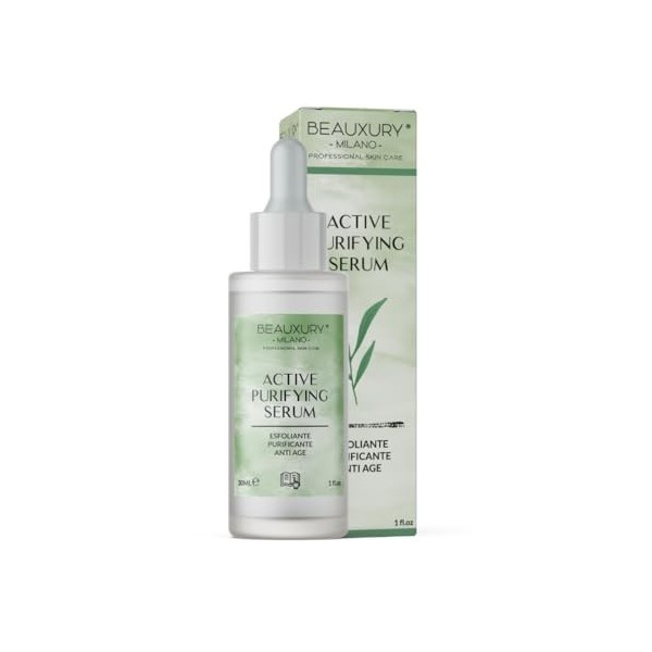 Beauxury Milano Active Purifying Sérum, Sérum Visage Antiage avec Acide Salicylique, Tea Tree Oil et Acide Hyaluronique, 30ml