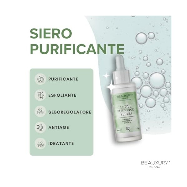 Beauxury Milano Active Purifying Sérum, Sérum Visage Antiage avec Acide Salicylique, Tea Tree Oil et Acide Hyaluronique, 30ml