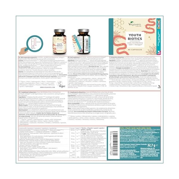 Complément Peau avec Probiotiques | Acide Hyaluronique, Collagène, Q10 | Anti Age + Antioxydant | Vegan & Sans Additifs | Veg
