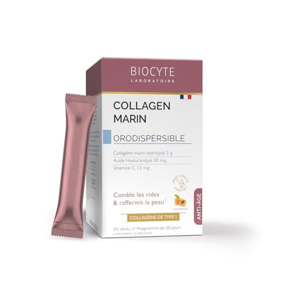 BIOCYTE Collagene Marin Orodispersible Goût Abricot - Acide Hyaluronique, Vitamine C - Comble Les Rides & Raffermit La Peau -