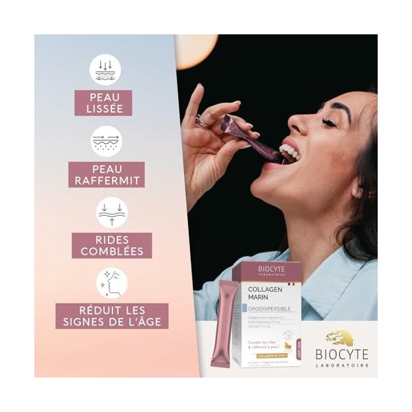 BIOCYTE Collagene Marin Orodispersible Goût Abricot - Acide Hyaluronique, Vitamine C - Comble Les Rides & Raffermit La Peau -