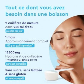 Collagène Marin Breveté en Poudre, 500g de Peptides de Collagene Hydrolysé Pur Type 1, Avec Vitamine C, Cuivre et Zinc, Pour 