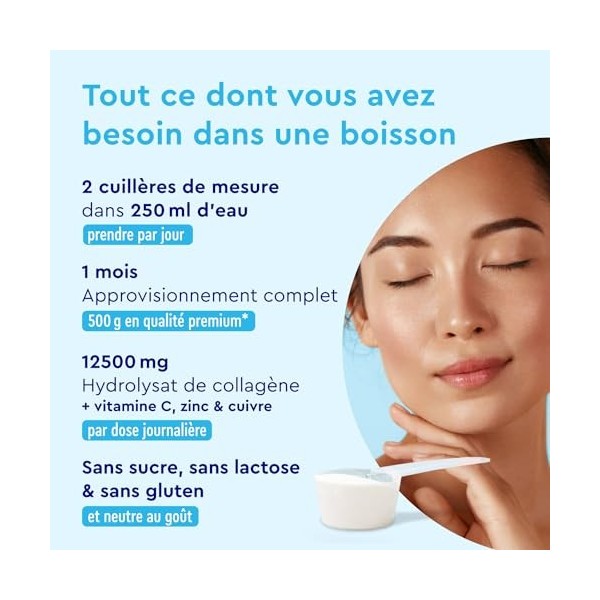 Collagène Marin Breveté en Poudre, 500g de Peptides de Collagene Hydrolysé Pur Type 1, Avec Vitamine C, Cuivre et Zinc, Pour