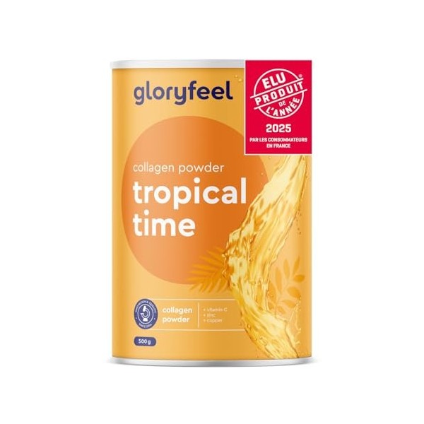 Poudre de Collagène 500g, 12500mg de Collagène Hydrolysé par Dose, Arôme Tropical, Enrichi en Vitamine C, Zinc et Cuivre, Sou
