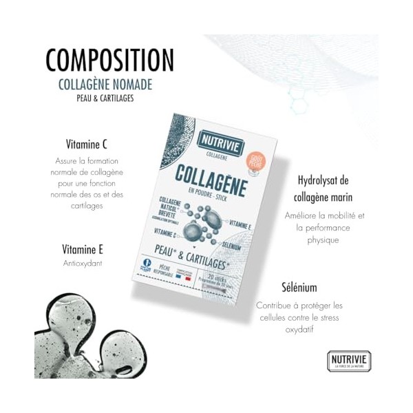 Stick Collagène Marin Nomade - Enrichi en Sélénium & Vitamine C et E - Collagène breveté Naticol Hydrolysé Type 1 - Peau & Ca