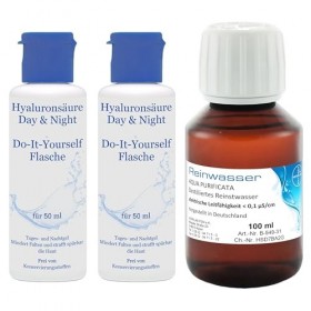Acide hyaluronique - 2 x 50 ml de gel anti-âge jour et nuit hautement dosé - Flacon à faire soi-même plus 1 x 100 ml deau pu
