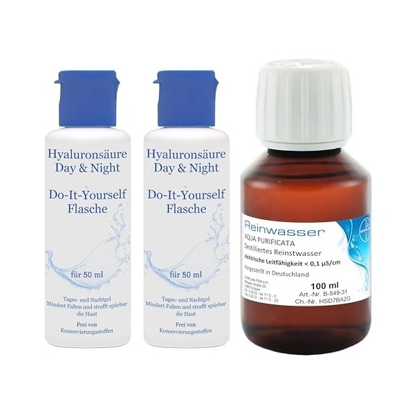 Acide hyaluronique - 2 x 50 ml de gel anti-âge jour et nuit hautement dosé - Flacon à faire soi-même plus 1 x 100 ml deau pu