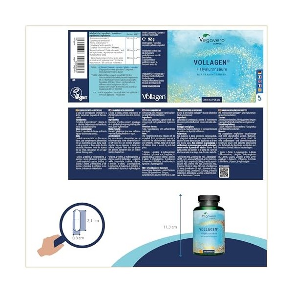 Collagene + Acide Hyaluronique Naturel | VEGAN | 2 Mois | Avec Vollagen® - PREMIUM Qualité | 18 Acides Aminés | Anti-Age + Pe...