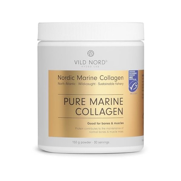 Vild Nord Poudre de Collagène Marin Pur - 150 g, 30 portions - Peptides de Collagène Hydrolysé à 100% Type 1, pour la Peau, l