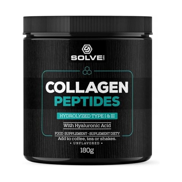 Solve Labs® ● Poudre de peptide de collagène types I et II ● Acide hyaluronique ● 1000 à 2000 daltons ● Soutient les cheveux,