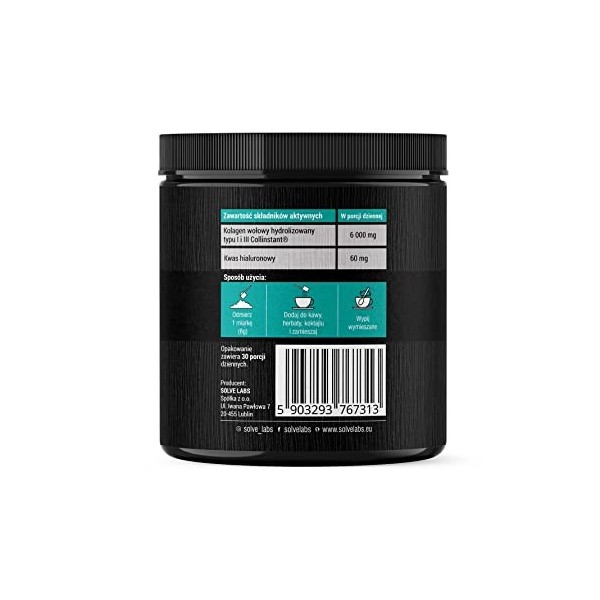 Solve Labs® ● Poudre de peptide de collagène types I et II ● Acide hyaluronique ● 1000 à 2000 daltons ● Soutient les cheveux,