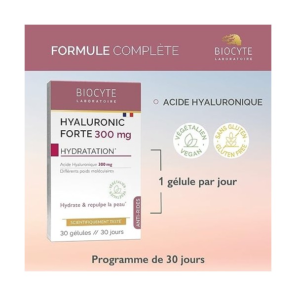 BIOCYTE Hyaluronic Forte - Complément Alimentaire Anti-âge & Hydratation de la Peau - Acide Hyaluronique - 30 Gélules - Progr...