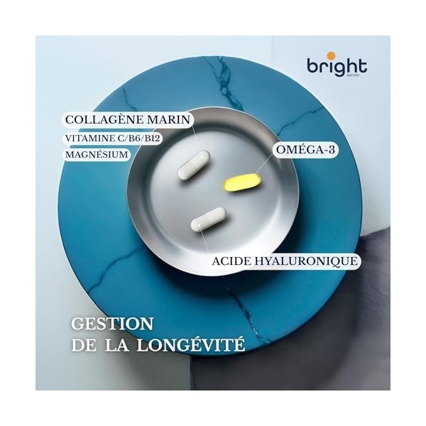 Gestion de l’Âge | Collagène Marin, Acide Hyaluronique, Magnésium Chélaté et Oméga-3 1000 - Compléments dans 1 Pack pour Sant