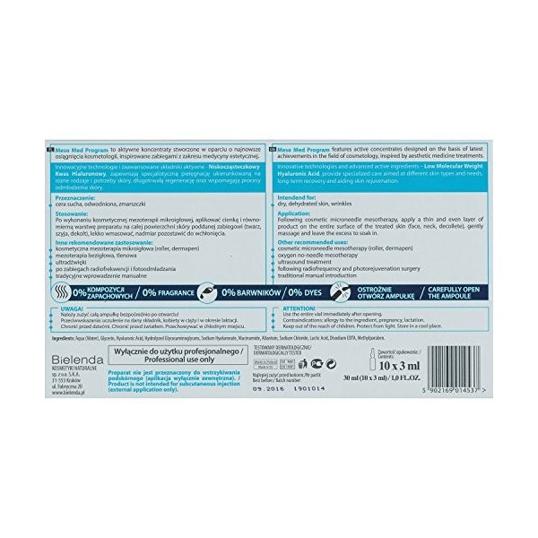 Bielenda Concentré Actif à lAcide Hyaluronique de Bas Poids Moléculaire 10x3ml